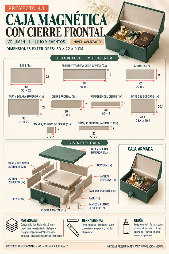 Lámina técnica de caja magnética con cierre frontal: lista de corte, vista explotada y caja armada